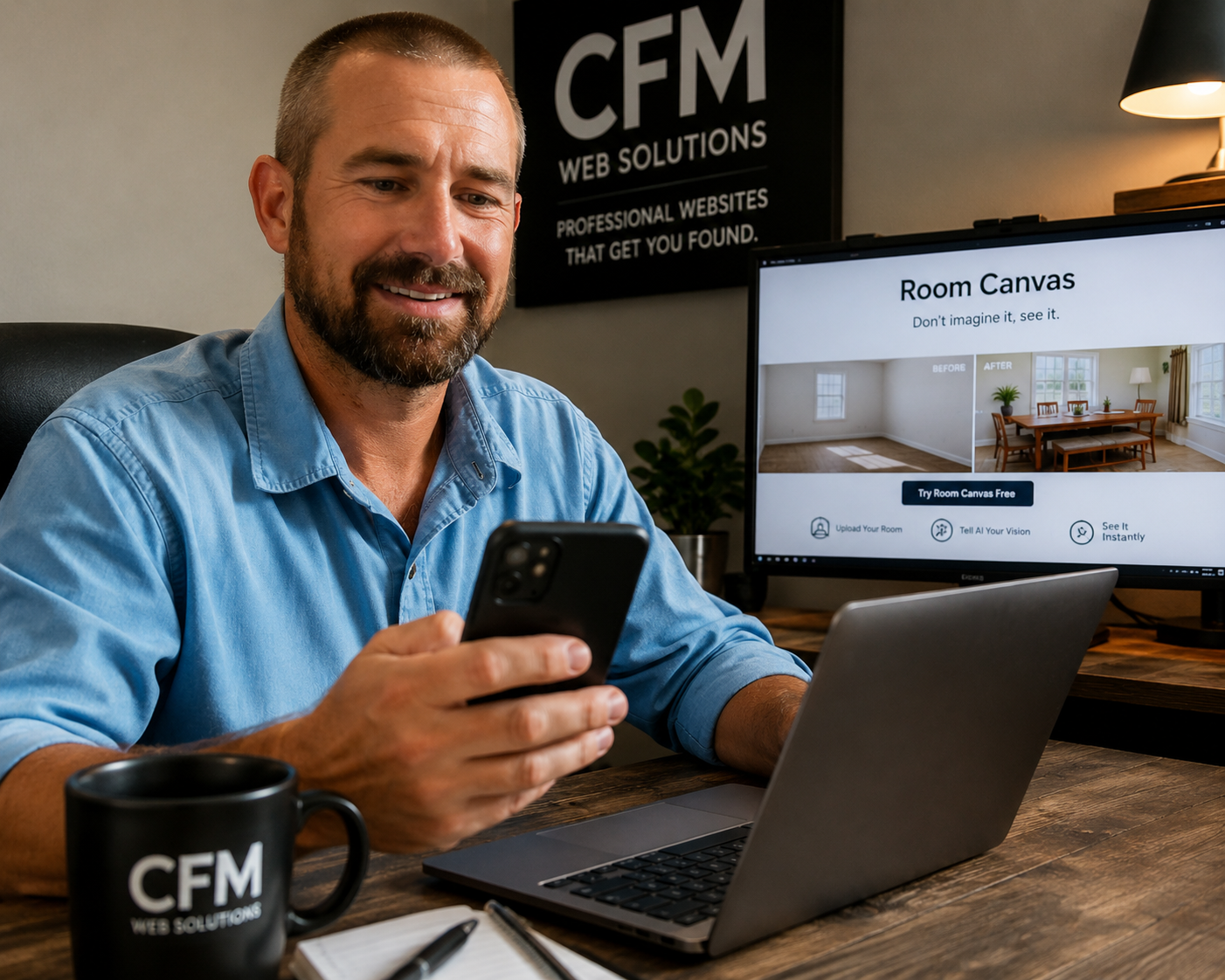 CFM Web Solutions owner reviewing a client's website on a phone in Milledgeville, Georgia