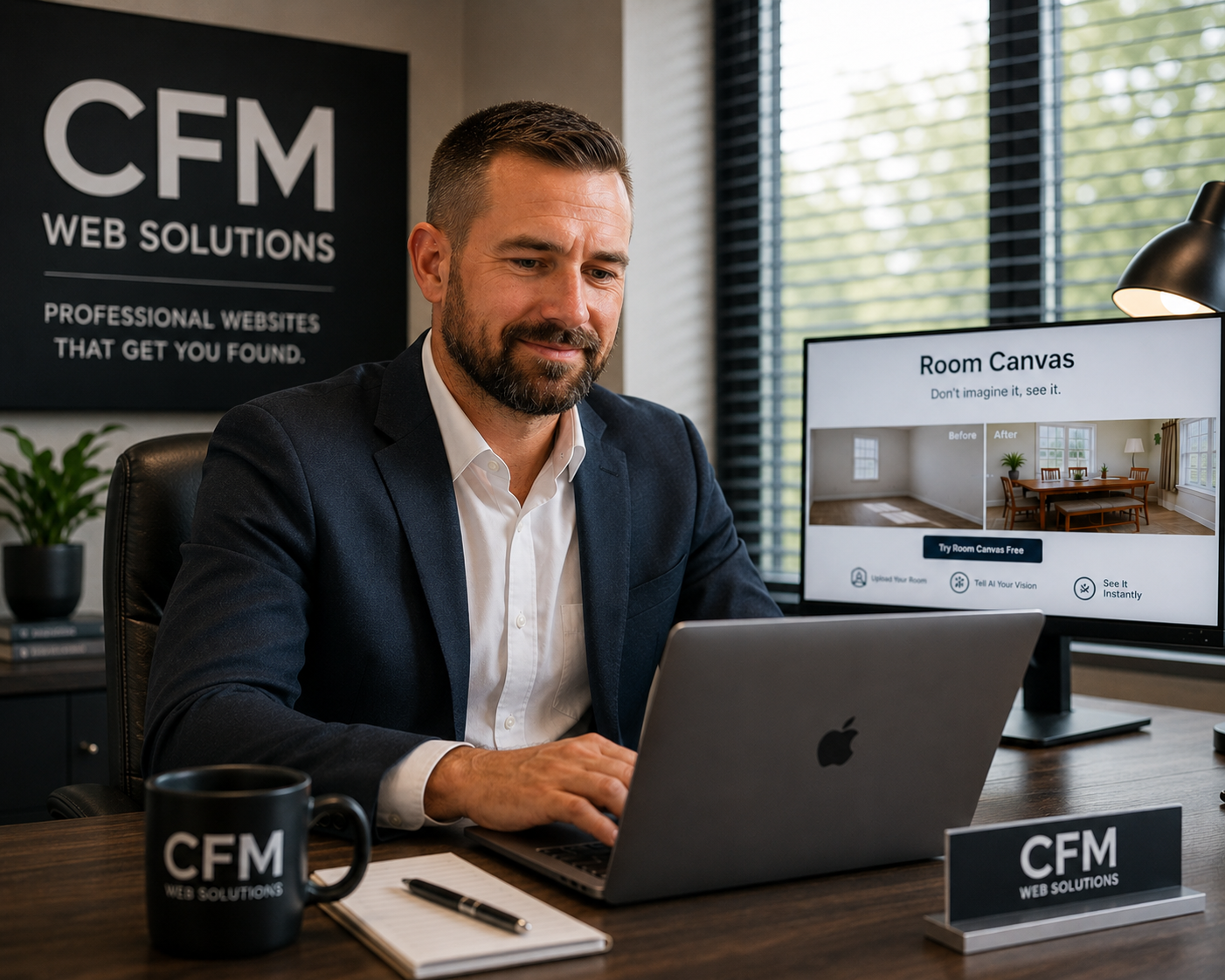 CFM Web Solutions reviewing a client website design on a laptop