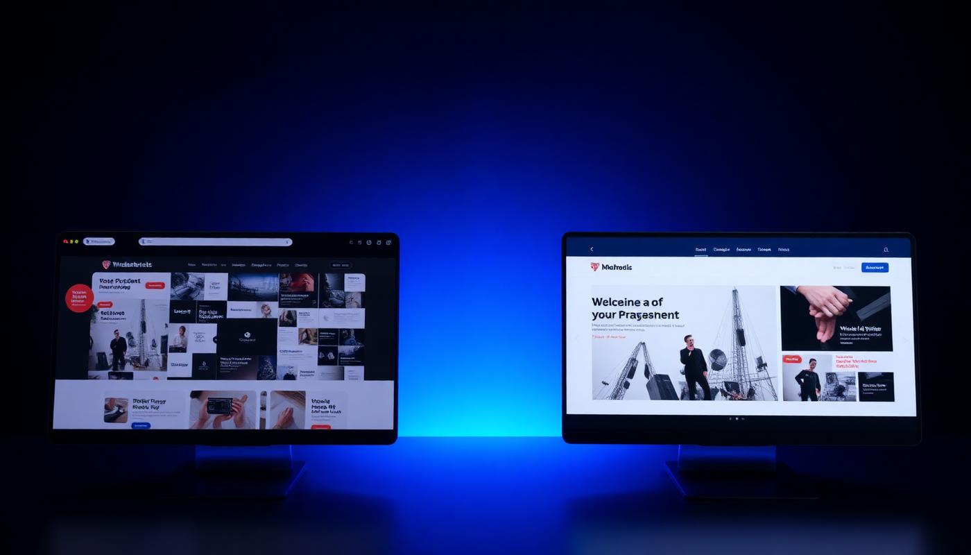 An outdated cluttered website next to a clean redesigned version